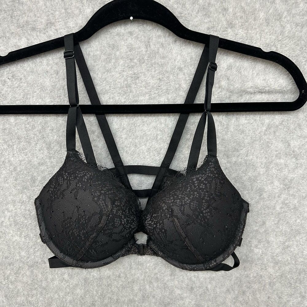 Victoria's Secret Very Sexy Black Lace Front Close Push-Up Strappy Bra size 32D